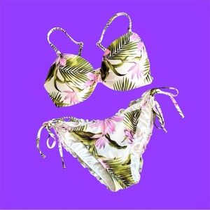 Shade & Shore Floral White Pink Green Bikini Underwire Cheeky Side Tie Sz S
